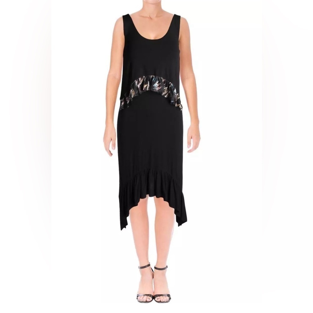 DIANE VON FURSTENBERG SIZE S PERRI BLACK RUFFLE TRIM PARTY‎ DRESS MIDI VACATI